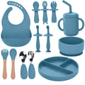 Silicone Baby Feeding Set13PCS Baby Feeding Essentials with Suction Bowl and PlateSpoons & ForksBib & CupBaby ToothbrushBaby Led Weaning Supplies for 6+ MonthsBaby Eating Essentials (Blue)