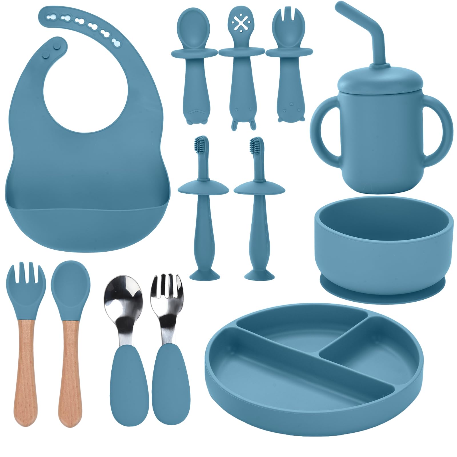 Silicone Baby Feeding Set13PCS Baby Feeding Essentials with Suction Bowl and PlateSpoons & ForksBib & CupBaby ToothbrushBaby Led Weaning Supplies for 6+ MonthsBaby Eating Essentials (Blue)