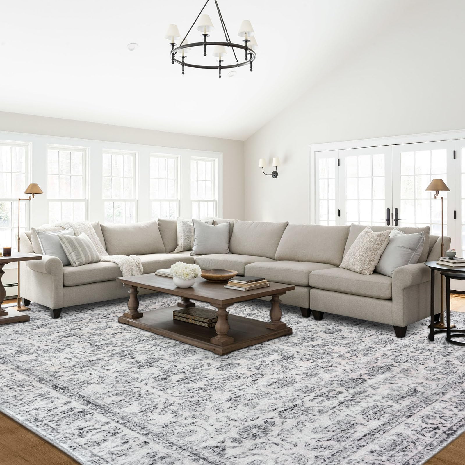 SIILOOM Vintage 9x12 Area Rugs for Living Room Grey Blue White Machine Washable Large Area Rug Non-Slip Ultra Soft Floral Tribal Traditional Farmhouse Carpet for Dining Room Bedroom Home Décor